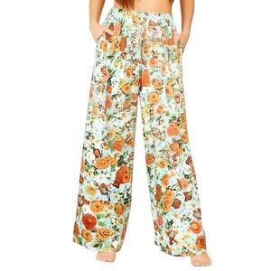 Zara Floral Flowy Floral Printed Pants Wide-Leg Pants Orange Green Size Large